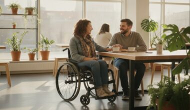 Couple on a coffee date at a step-free cafe, one partner using a wheelchair
